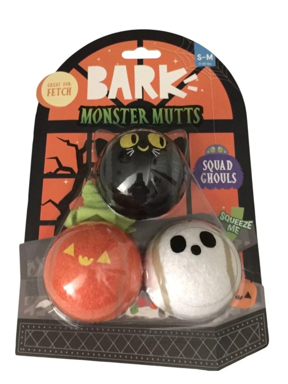 BARK Monster Mutts SQUAD GHOULS Squeaky Tennis Balls Cat Jack o Lantern Ghost